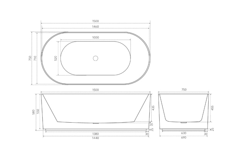 Capri Groove Matte Black Freestanding Bath  (Available in 1500mm / 1700mm)