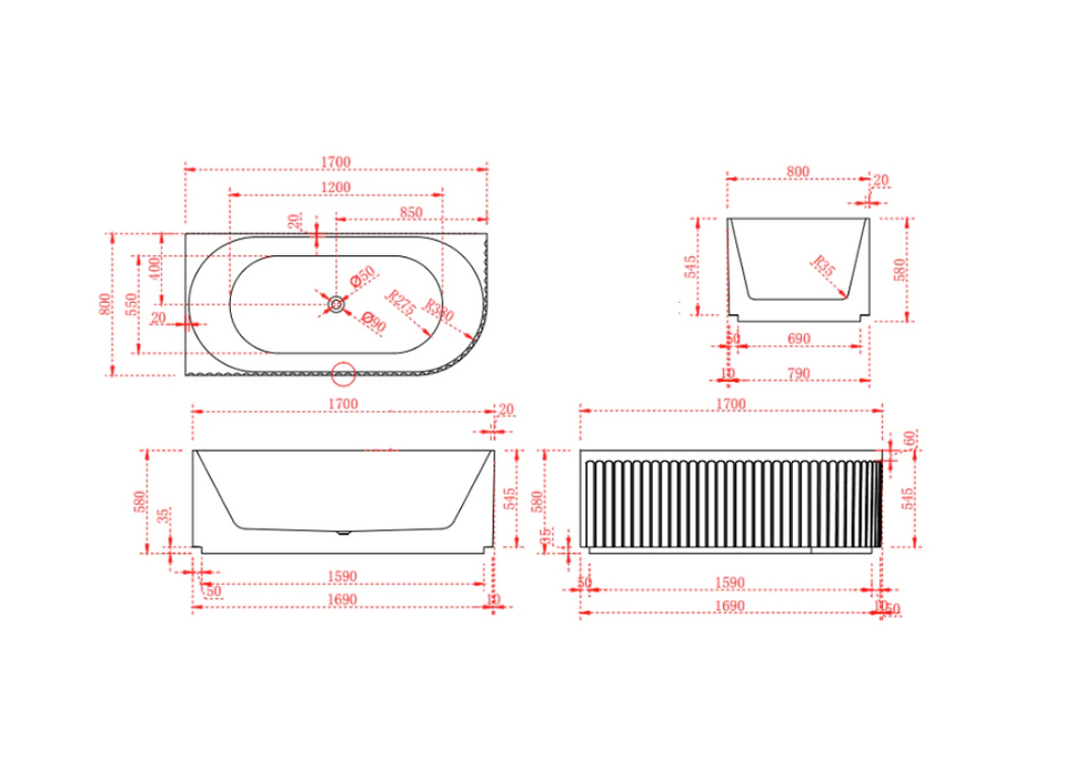 Artemis Fluted Matte White Designer Round Corner Bath