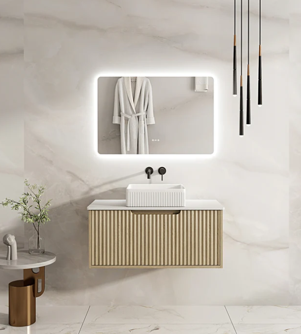 RHEA Natural Oak Fluted Wall Hung Vanity