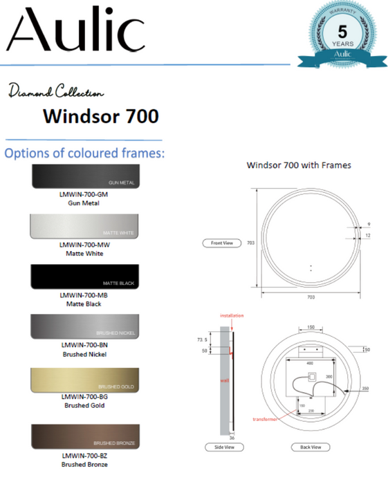 WINDSOR AULIC Touchless LED Mirror Framed - 6 Colours