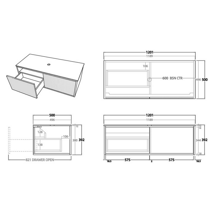 BELLEVUE Prime Oak Wall Hung Vanity