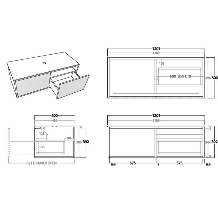 BELLEVUE Prime Oak Wall Hung Vanity