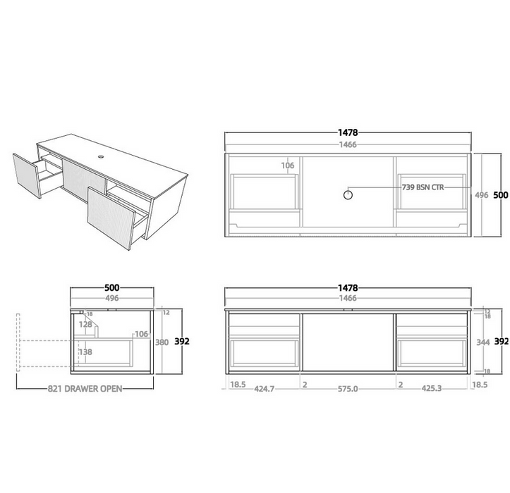 BELLEVUE Prime Oak Wall Hung Vanity