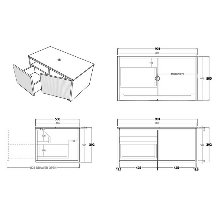 BELLEVUE Prime Oak Wall Hung Vanity