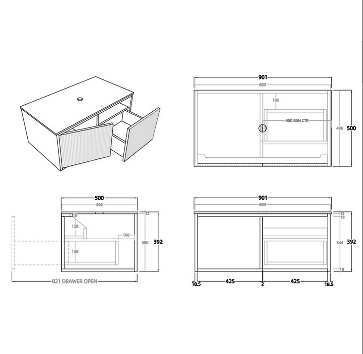 BELLEVUE Prime Oak Wall Hung Vanity