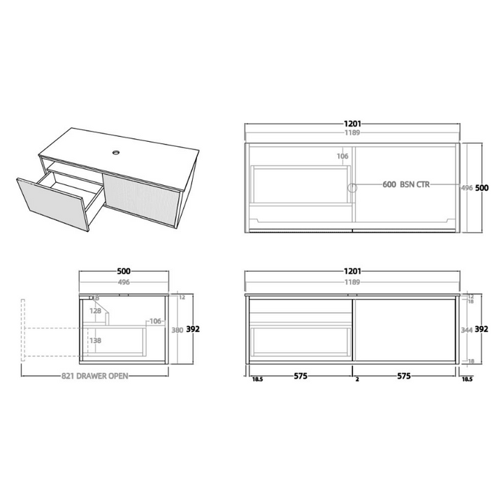 BELLEVUE Coastal Oak Wall Hung Vanity