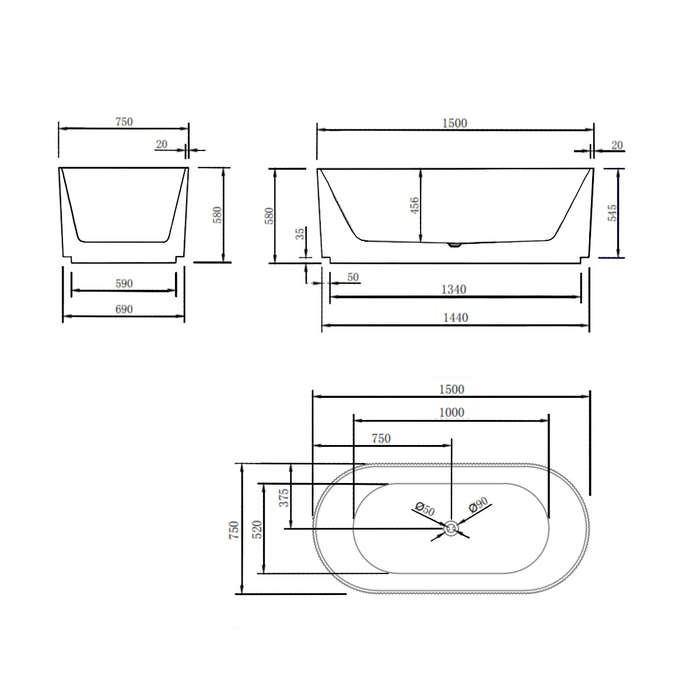 BRIGHTON Groove Freestanding Bath Matte Black 1500 & 1700