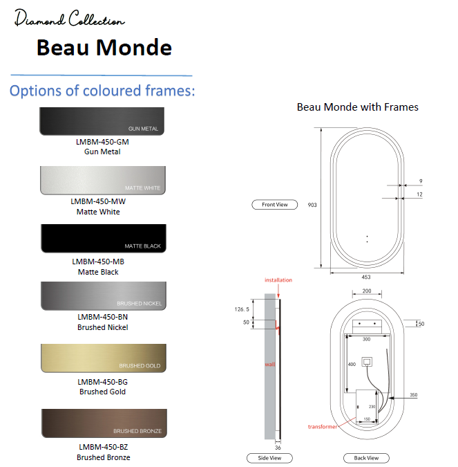 BEAU MONDE AULIC Touchless LED Mirror Framed - 6 Colours